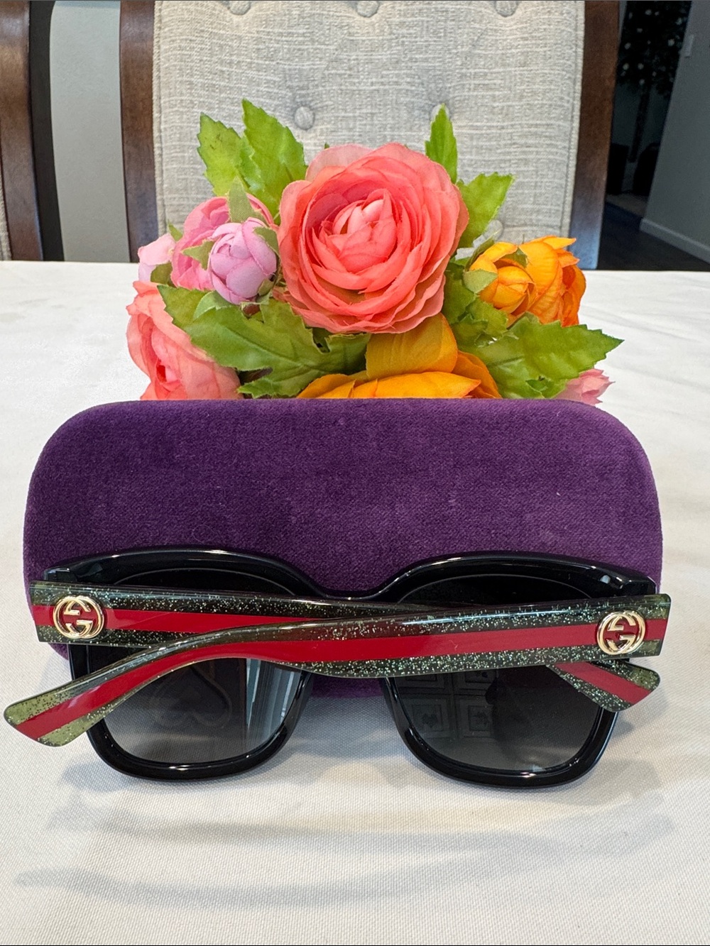 Authentic Gucci Black Sunglasses with Red & Green Glitter Temple Stripes